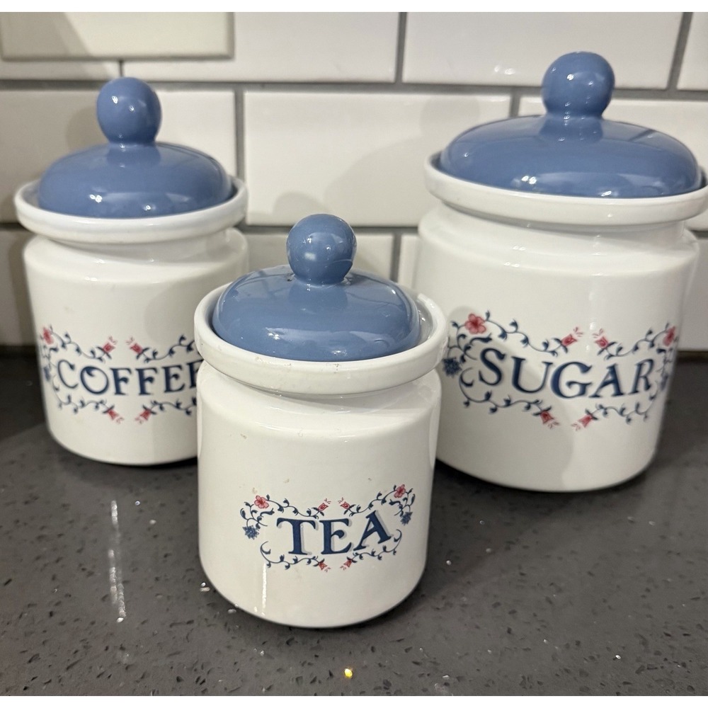 Vintage Jay Imports Corelle Prinston Kitchen Canister White Blue Floral SET Of 3